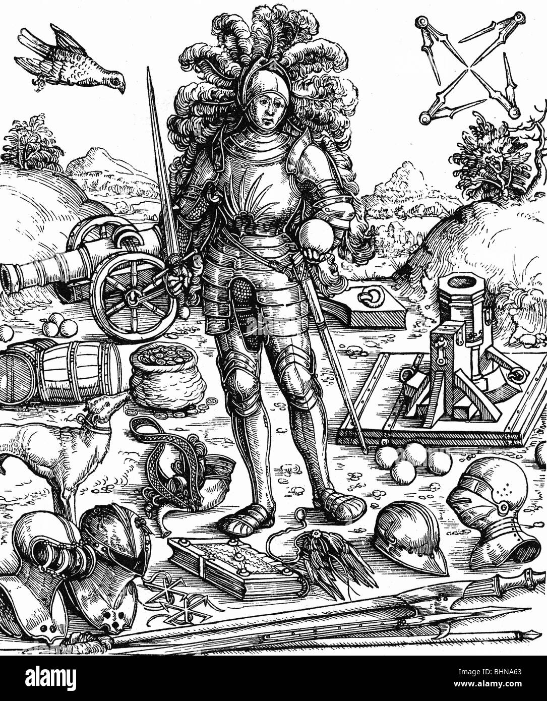 Massimiliano i, 22.3.1459 - 12.1.1519, Sacro Romano Imperatore 4.2.1508 - 12.1.1519, a lunghezza intera, come cavaliere, in legno a 'Ehrenpforte Maximilians I.', 1526, Foto Stock