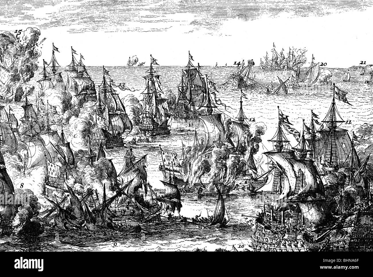 Eventi, Nove Anni Guerra 1688 - 1697, Battaglia di la Hogue, 29.5.1692 - 4.6.1692, contemporanea incisione di rame di Romain de Hooghe, dettaglio, Barfleur, battaglia navale, marina, Francia, francese, Inghilterra, inglese, Olanda, olandese, navi, navi, Normandia, Cotetin, Manica, 17th secolo, storico, storico, popolo, Foto Stock
