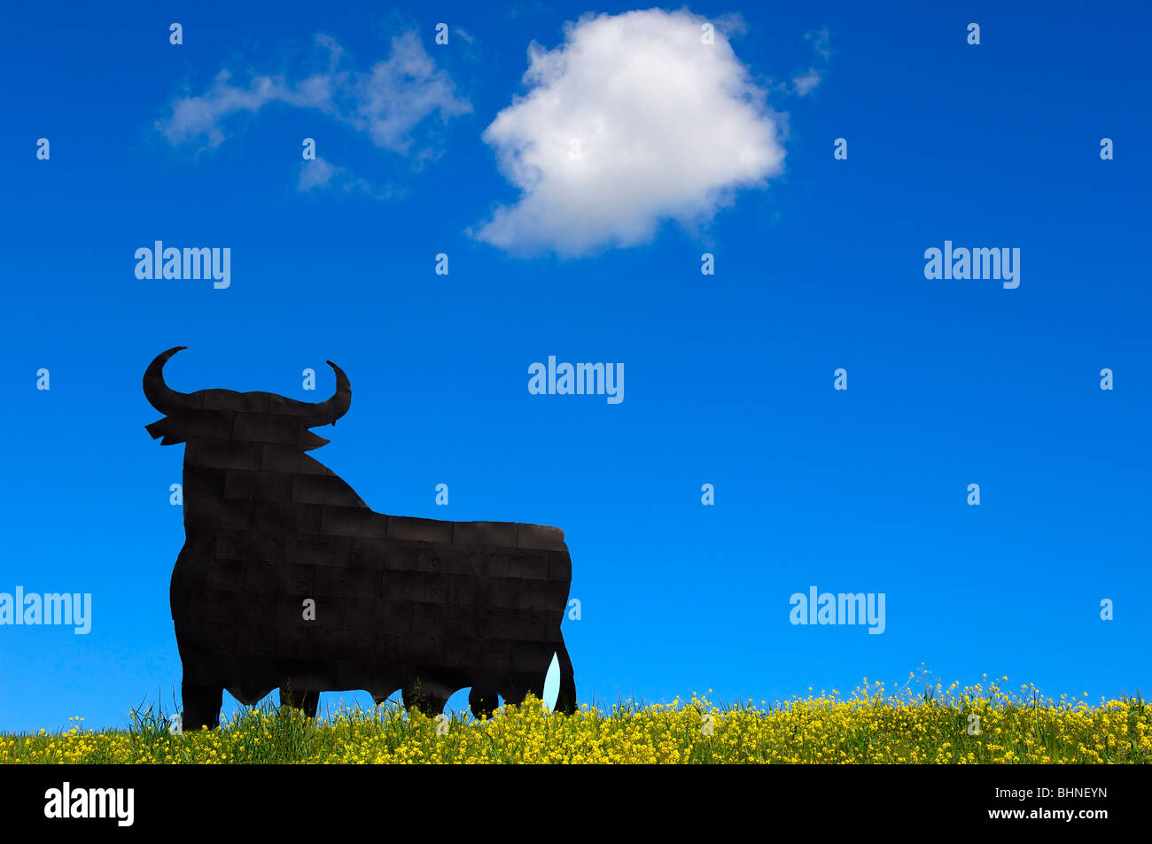 Bull silhouette, pubblicità tipico di sherry spagnolo Osborne. Malaga. Andalusia, Spagna Foto Stock