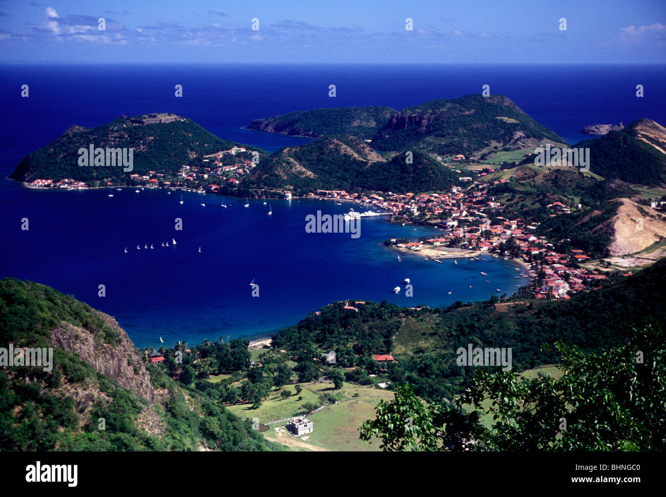 Panoramica, Porto, Porto, città, Le Bourg, Terre-de-Haut des Saintes, Les Saintes, Guadalupa, French West Indies Foto Stock