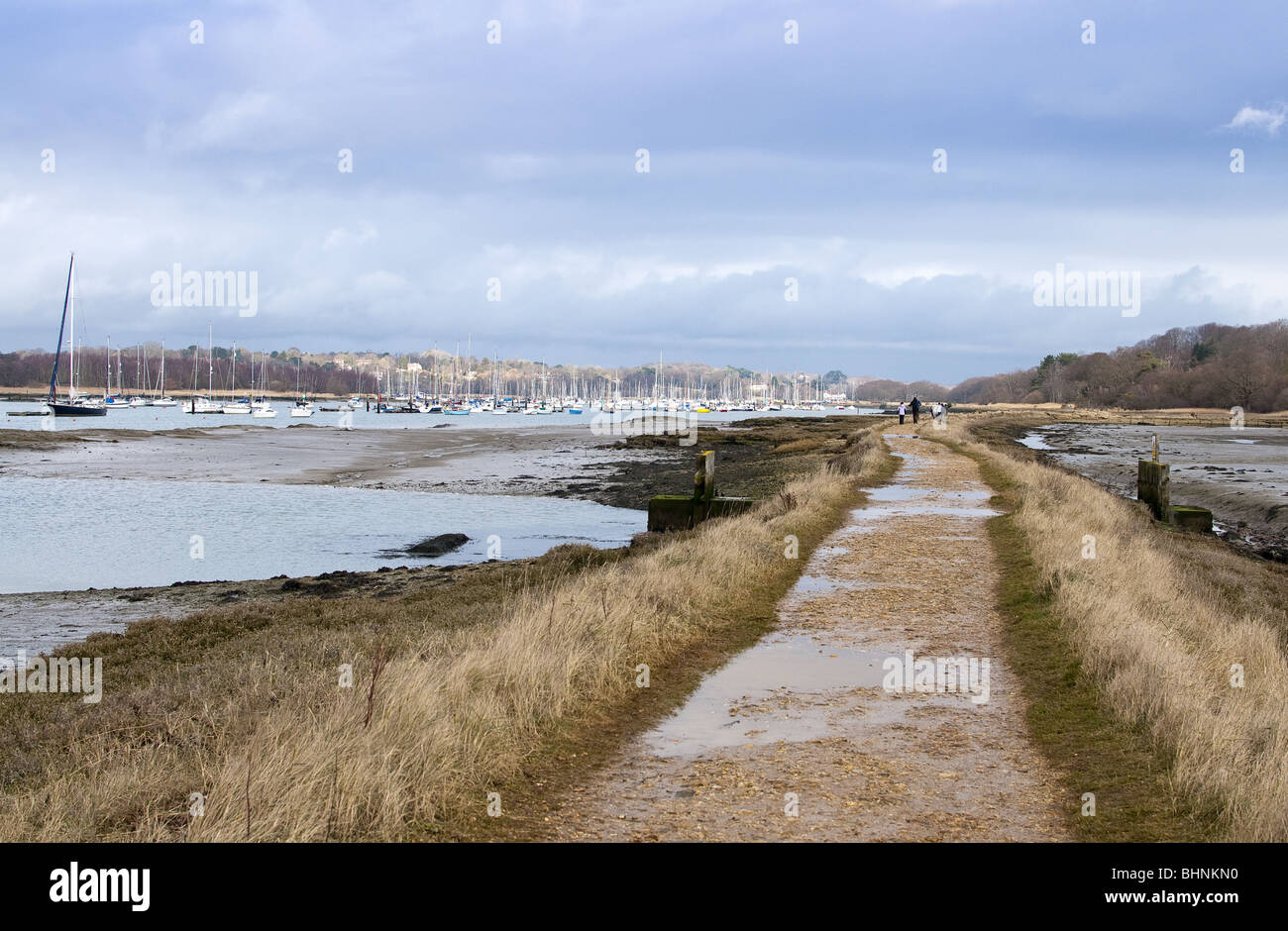 Sollevate il sentiero di ghiaia accanto al fiume Hamble estuario e velme, Hamble-Le-riso, Southampton, Hampshire, Regno Unito Foto Stock