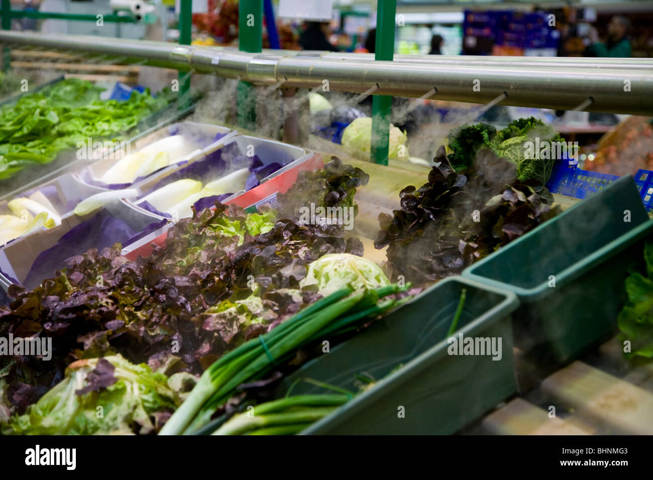 Un display di insalata fresca e verdure / negozi di generi alimentari di essere atomizzata in vapore acqueo per freschezza, in un supermercato francese. La Francia. Foto Stock