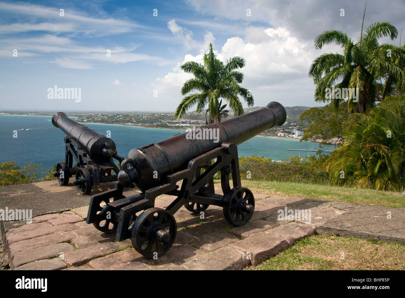 Vedute Rockly Bay e Scarborough da Fort King George Tobago. Foto Stock