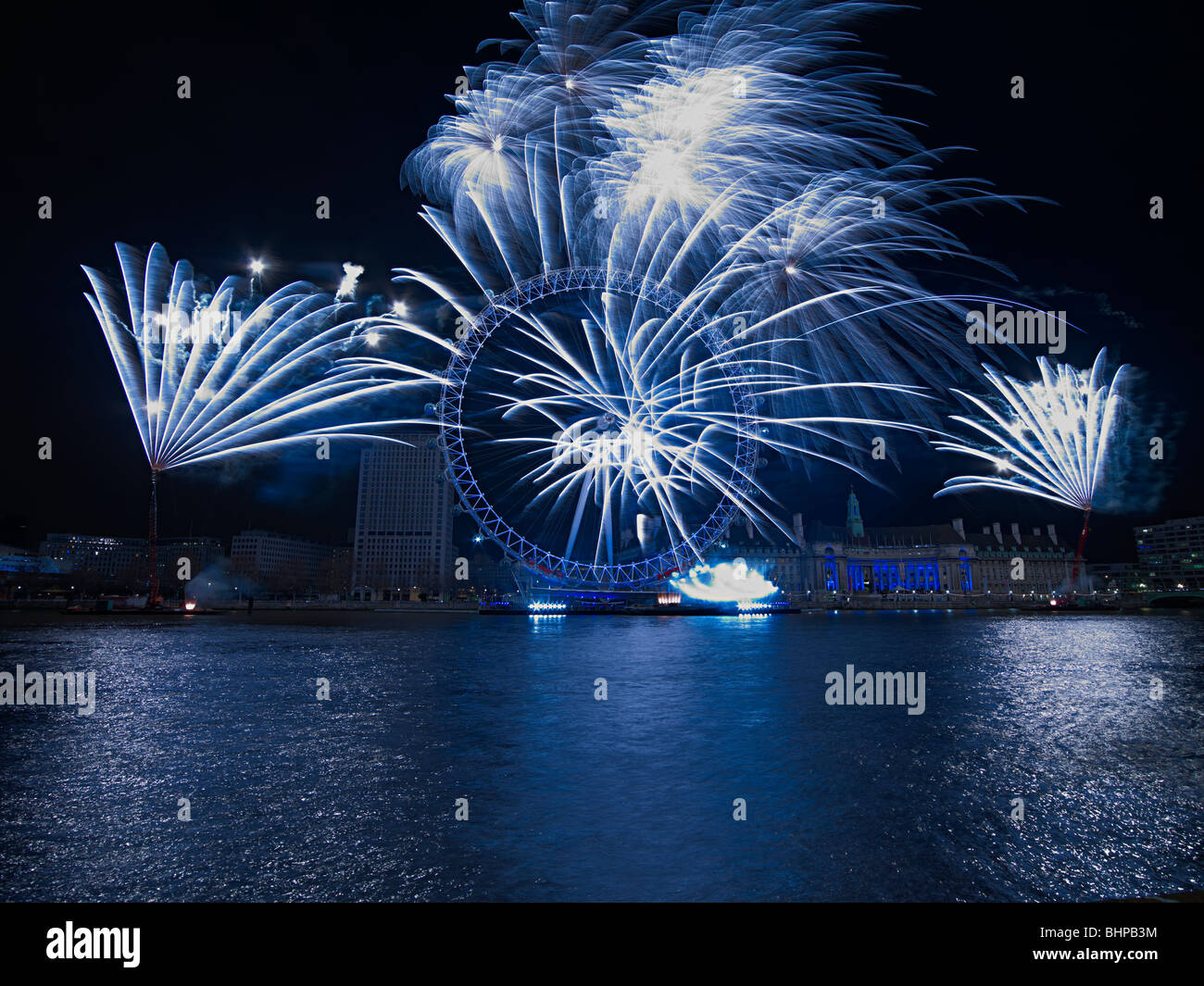 Felice Anno Nuovo, Millennium Wheel Londra fuochi d'artificio capodanno 2009 Foto Stock