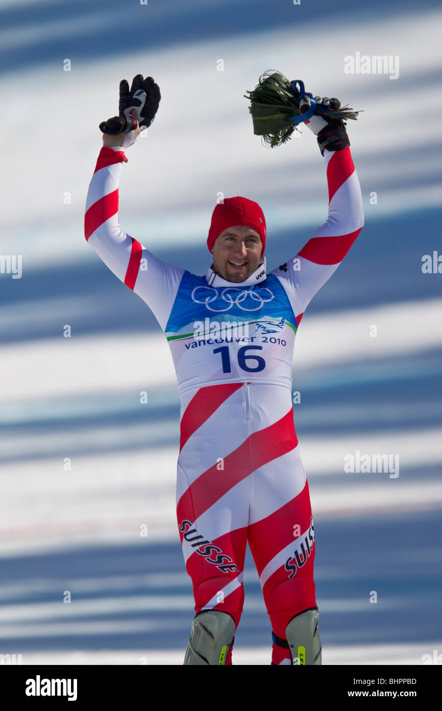 Silvan Zurbriggen (SUI) medaglia di bronzo vincitore, in sci alpino Uomini Super evento combinato al 2010 Giochi Olimpici Invernali Foto Stock