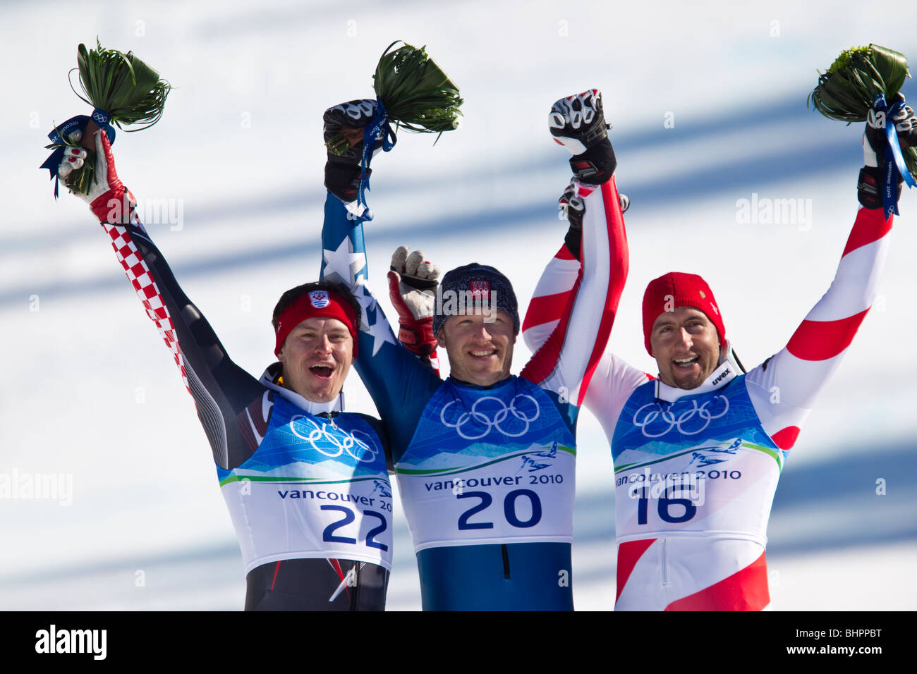 Bode Miller (USA), medaglia d'oro, Ivica Kostelic (CRO) argento, Silvan Zurbriggen (SUI), bronzo in uomini Super combinata Foto Stock