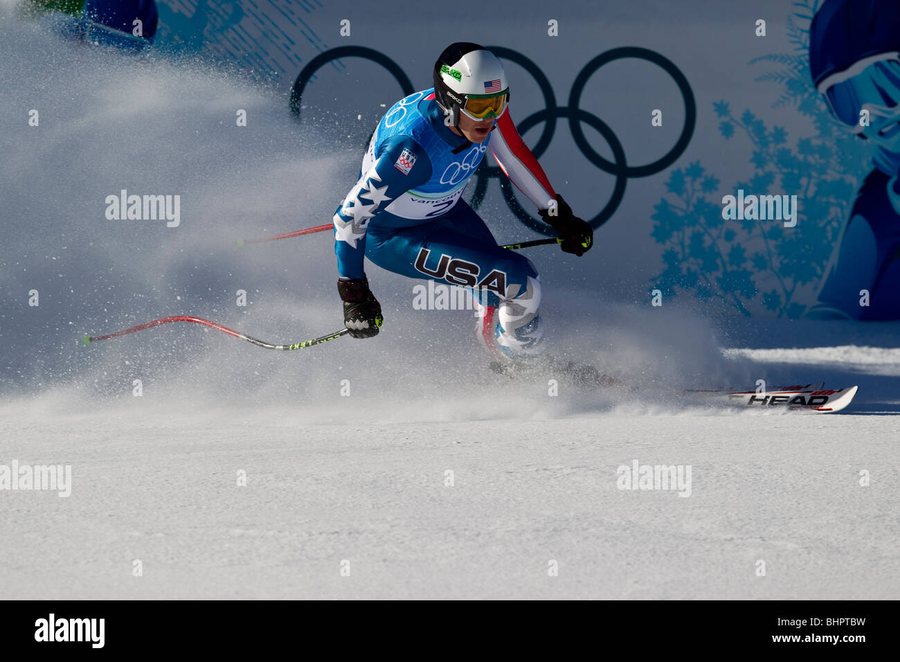 Bode Miller (USA) medaglia d'oro, terminando la porzione di slalom dello sci alpino Uomini Super combinata al 2010 Olympic Foto Stock