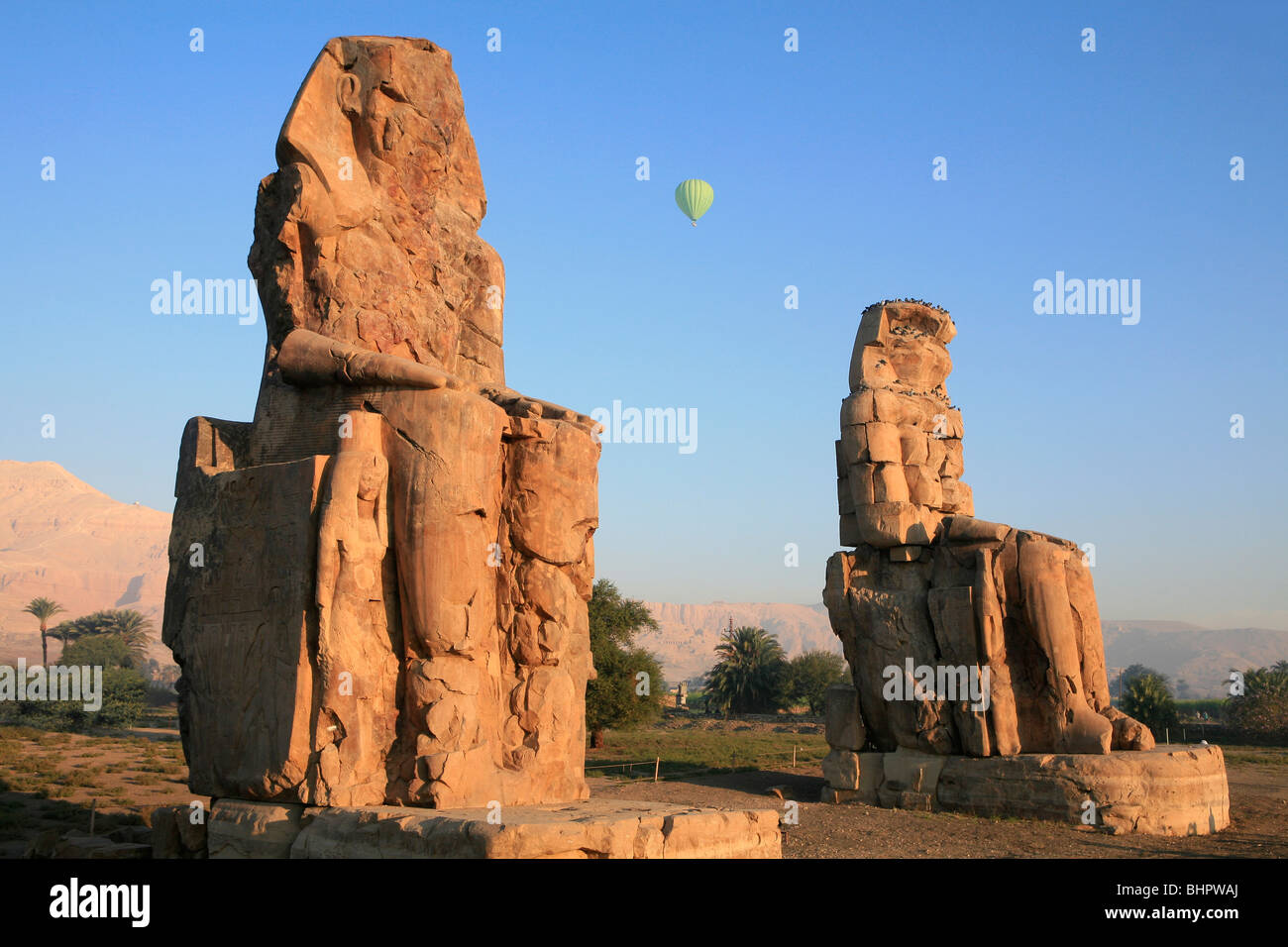 Un verde mongolfiera volare sopra i Colossi di Memnon al sorgere del sole nei pressi di Luxor, Egitto Foto Stock