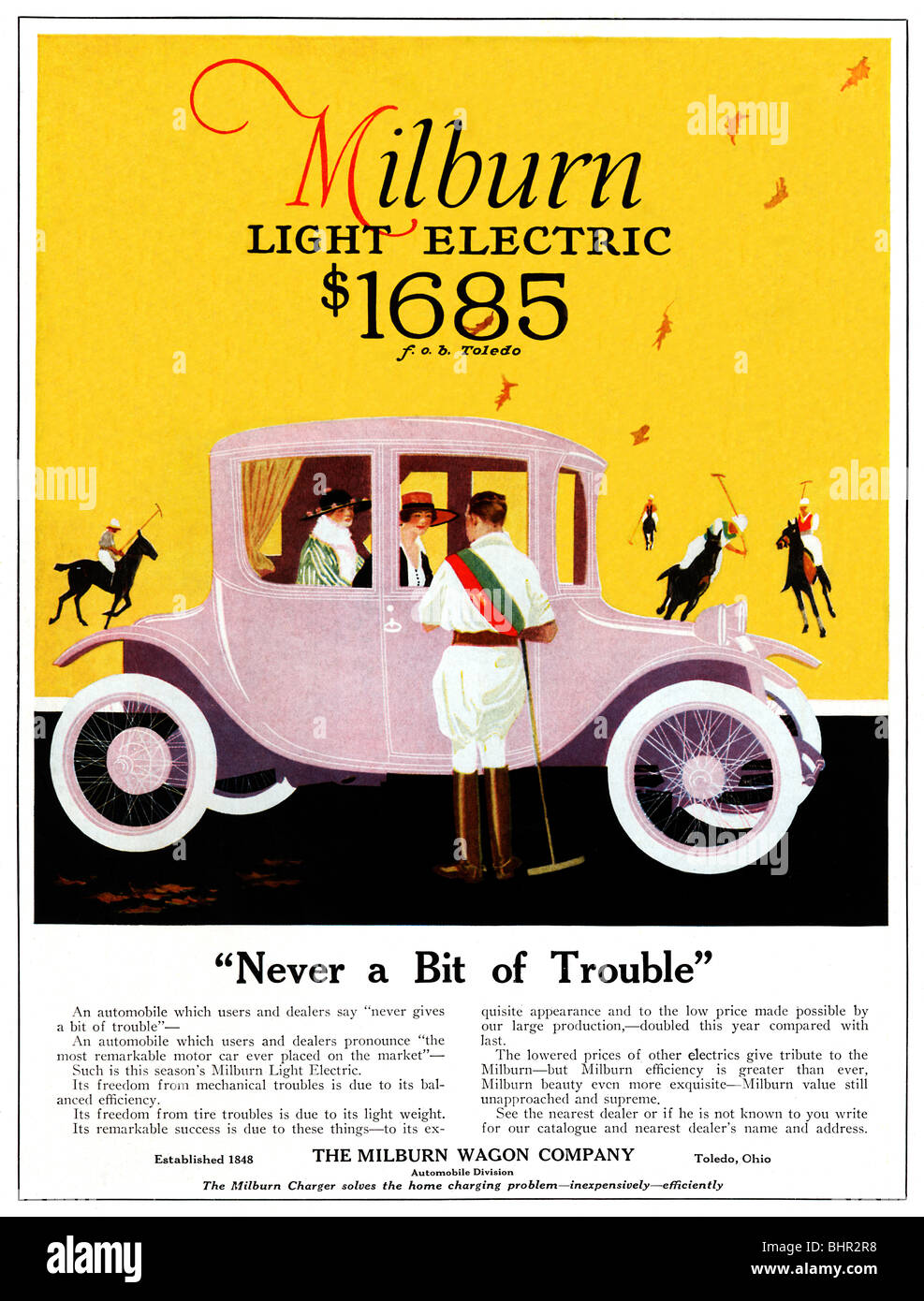 Milburn auto elettrica, Polo, 1916 annuncio pubblicitario per il motore americano con una sistemazione di tema sportivo Foto Stock