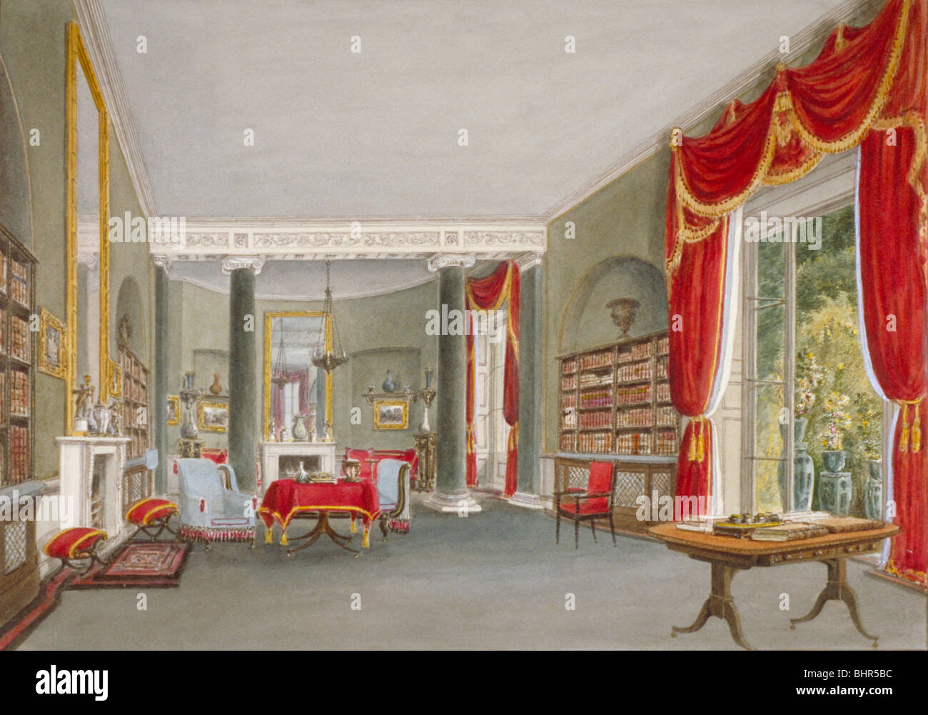 Vista interna della biblioteca sala da disegno a BROMLEY HILL, Bromley, Kent, 1816. Artista: John Buckler Foto Stock