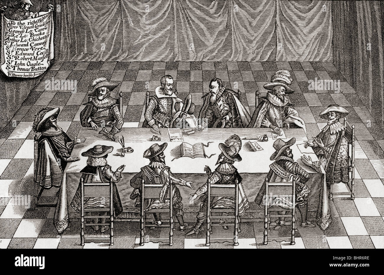 Gran Bretagna il Consiglio di guerra, 1623-1624 durante il regno di Giacomo I. Foto Stock