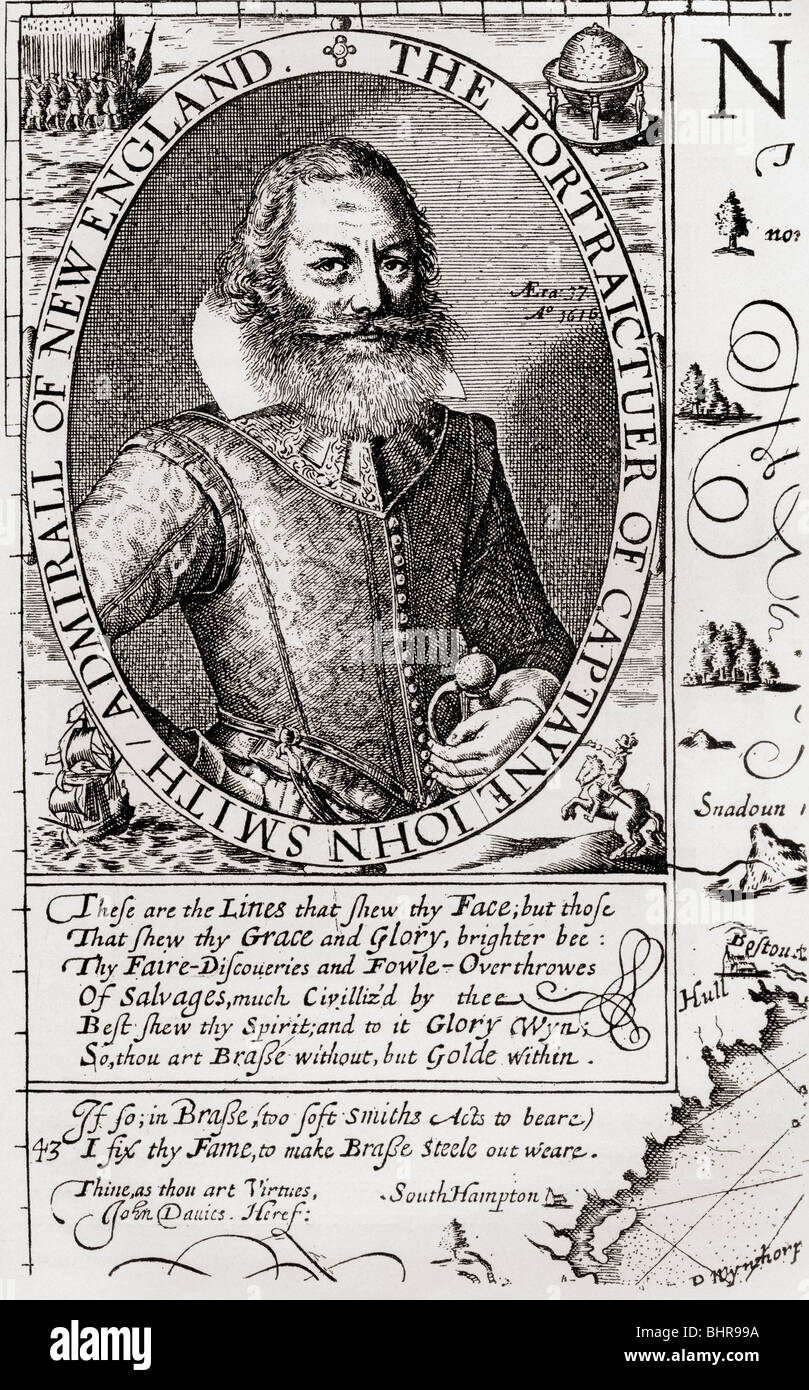 Il capitano John Smith c. 1580 al 1631, dal suo 1614 Mappa del New England. Admiral del New England. Soldato inglese, explorer, autore. Foto Stock