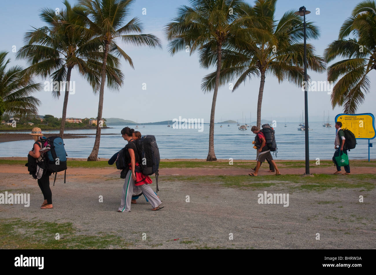 Backpackers arrivando a Airlie Beach sulla Grande Barriera Corallina nel Queensland Foto Stock