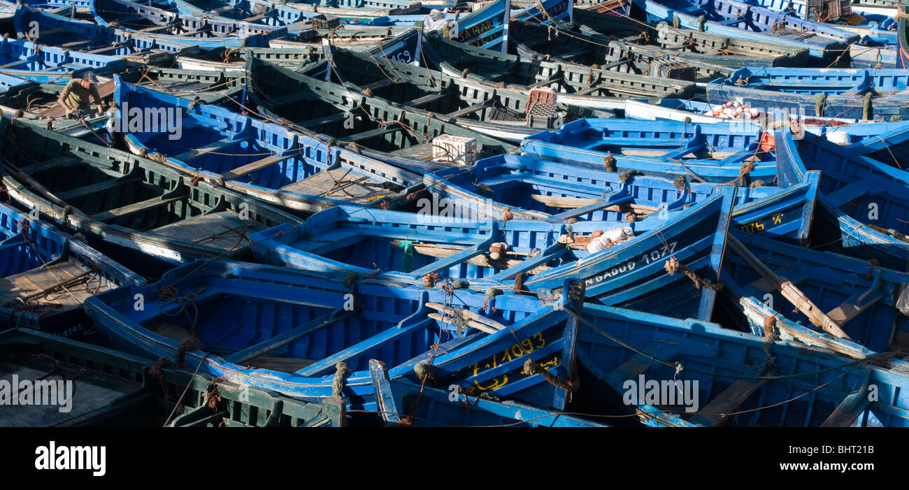 Blu barche da pesca, Essaouira, Marocco Foto Stock