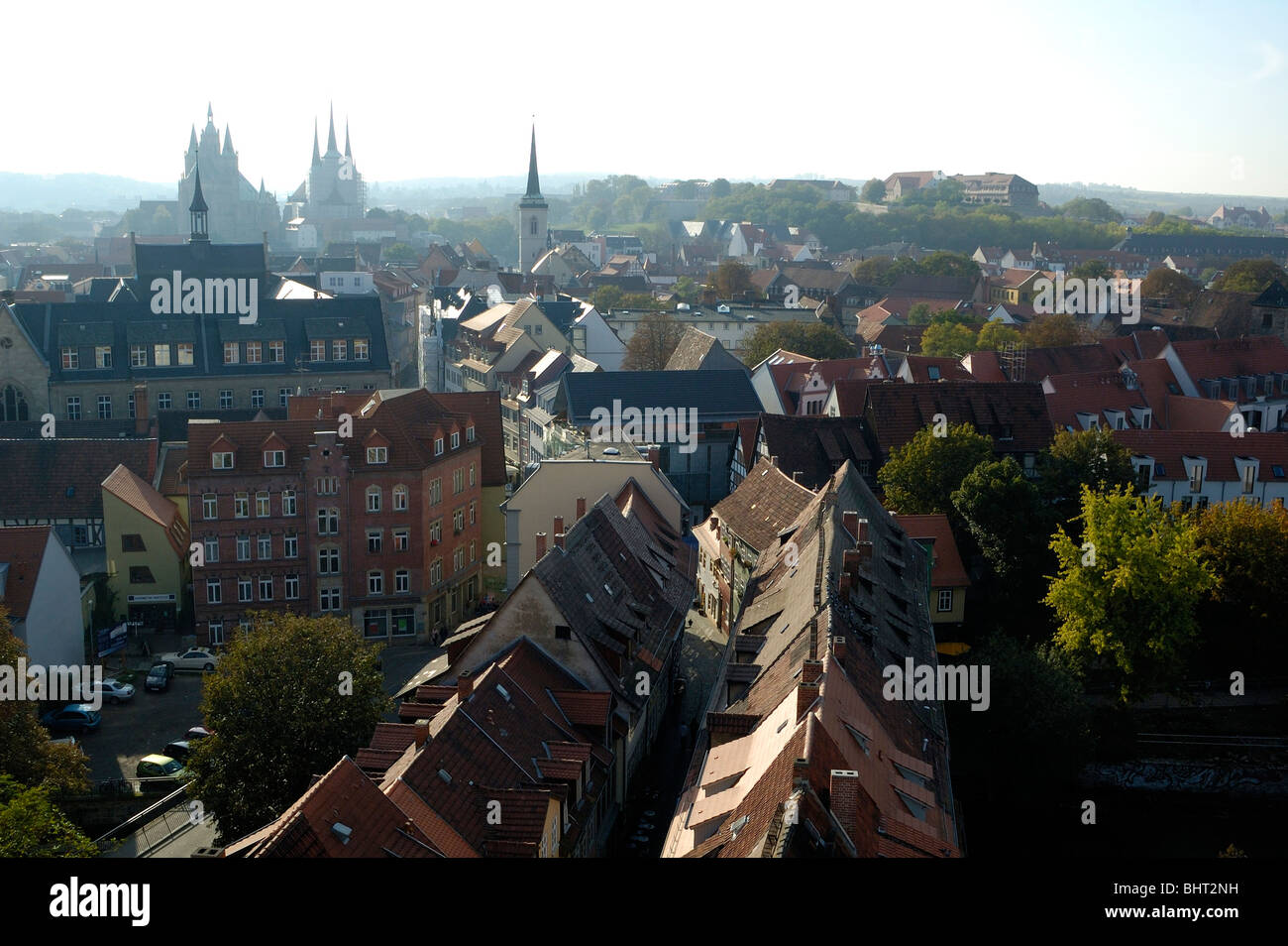 Erfurt, Old Town, Vista sul ponte di Kraemer e la città vecchia Foto Stock
