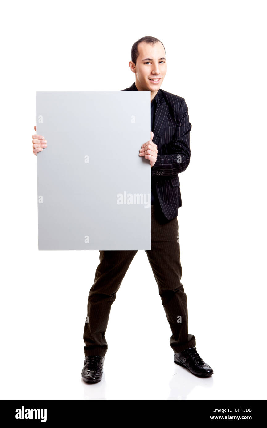 Imprenditore tenendo un fustellato affissioni, isolati su sfondo bianco Foto Stock