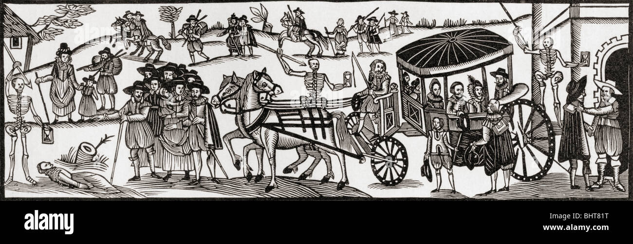 Il volo degli abitanti nel paese per sfuggire alla peste, 1630. Foto Stock