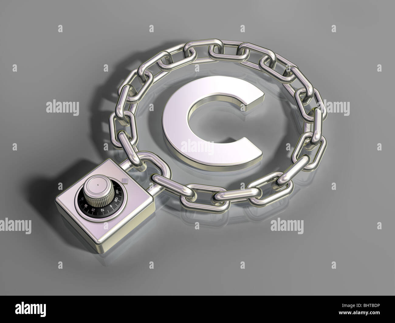 Illustrazione di un simbolo di copyright è fissato con un lucchetto Foto Stock