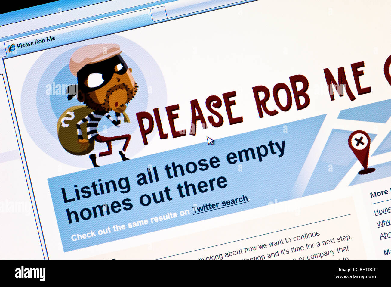 Screenshot della Si prega di Rob Me sito che mette in luce il pericolo di rivelare informazioni personali sui siti di social networking. Foto Stock