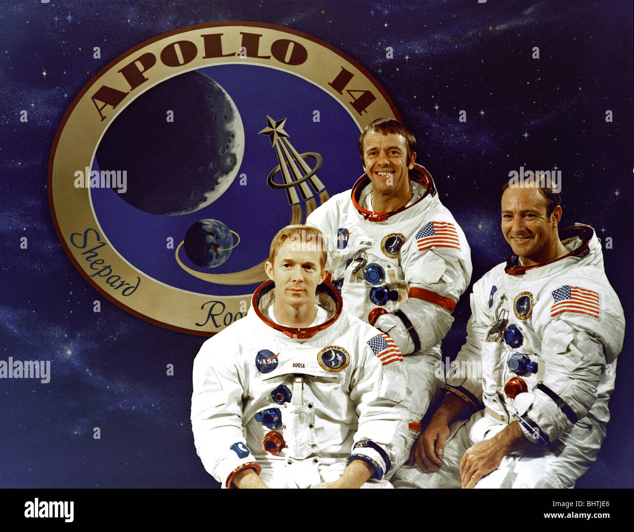 Apollo 14 equipaggio, il pilota del modulo di comando Stuart A. Roosa, comandante Alan B.Shepard Jr. e modulo lunare pilota D. Edgar Mitchell Foto Stock