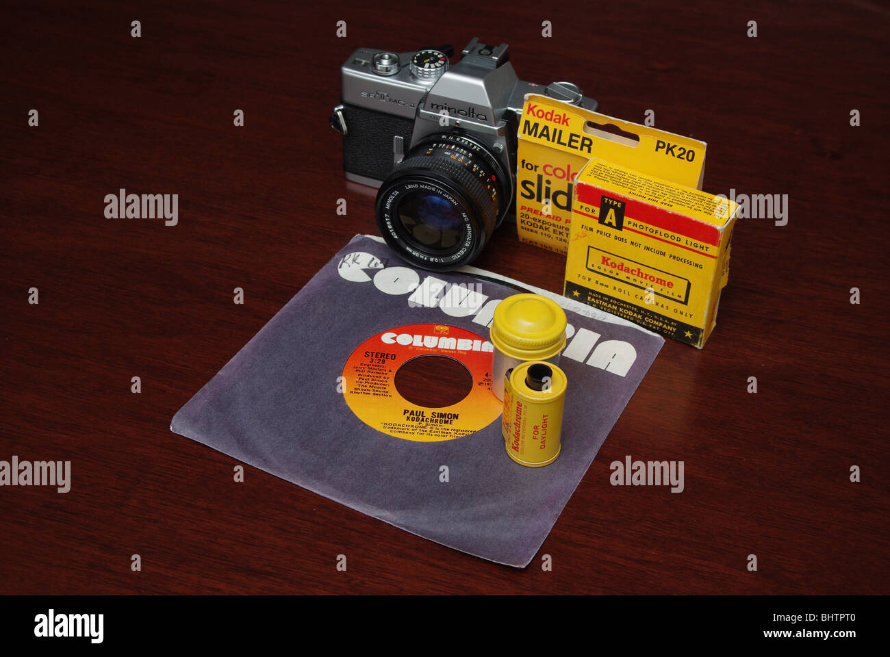 Pellicola Kodachrome, Paul Simon 'Kodachrome' singolo e Minolta SRT telecamera cinematografica Foto Stock
