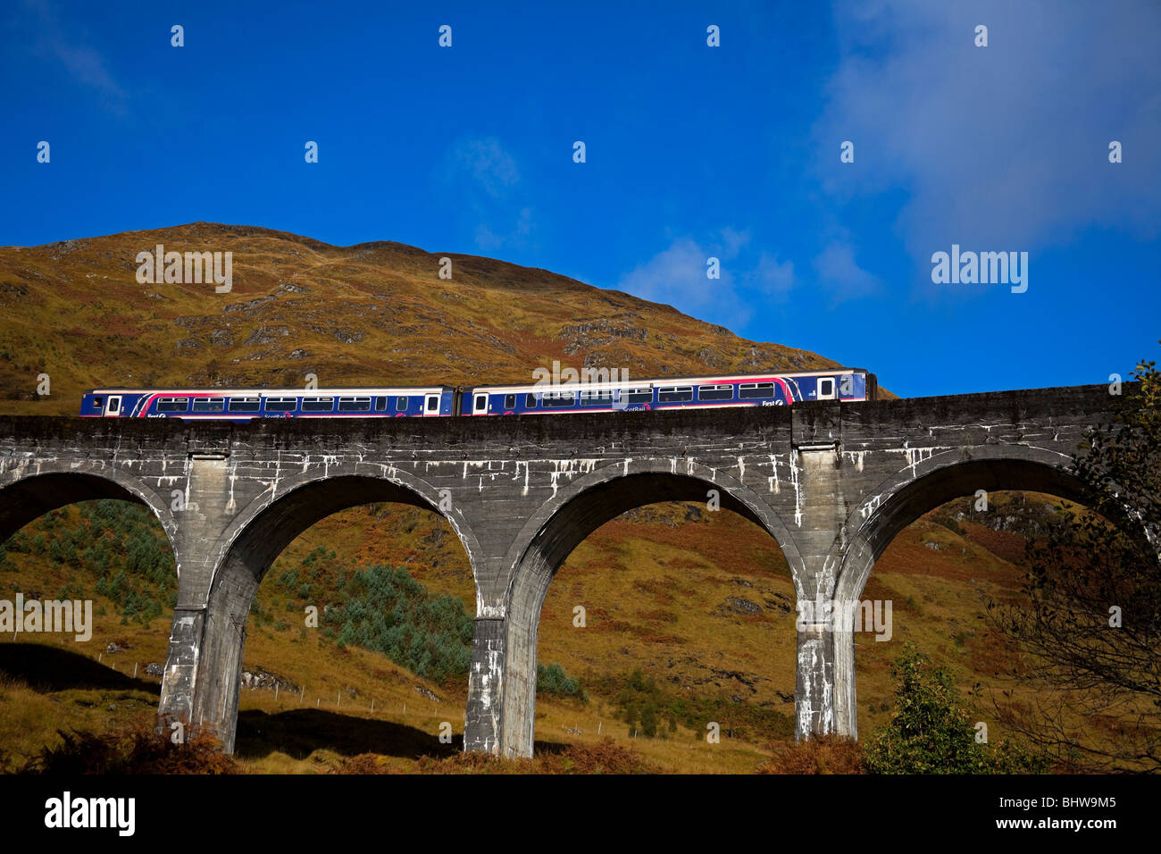 Primo Scotrail diesel treno passeggeri che viaggiano sul viadotto Glenfinnan, Lochaber, Scotland, Regno Unito, Europa Foto Stock