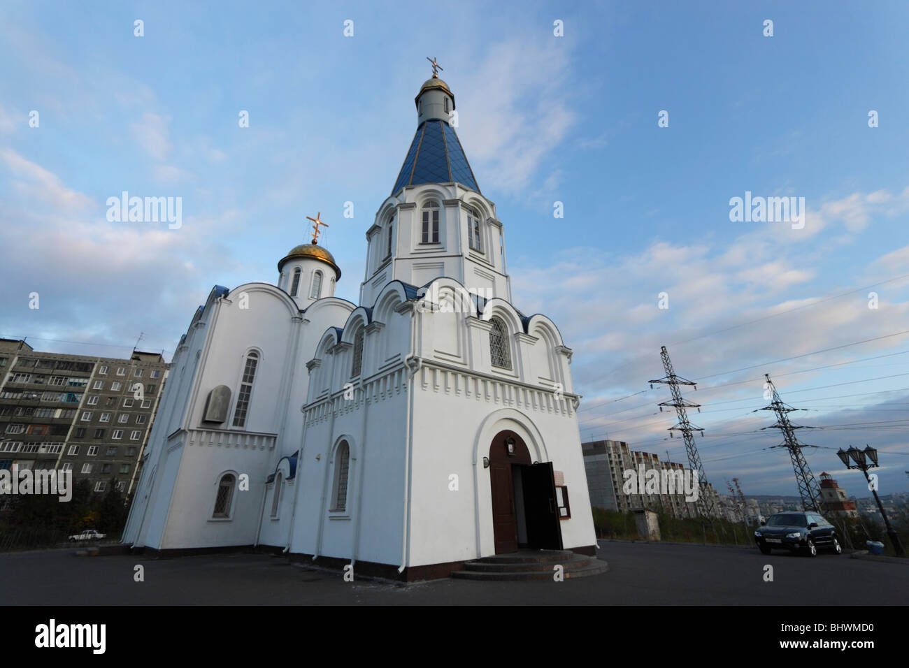 Chiesa russa ortodossa del Salvatore -on-il- Acque di Murmansk, la Russia. Foto Stock