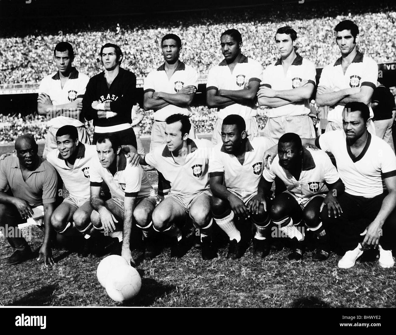 Coppa del Mondo di Calcio 1970 in Brasile la Coppa del Mondo di Calcio team Bancata posteriore: Carlos Alberto Felix, Djama Dias, Joel Wilson de Silva Piazza, Rildo Costa Menezen prima fila seconda a sinistra: Jairzinho Jair Ventura Filho, Gerson Olivaira Nunes, Tostao Eduardo conclavi Andrade, Pele Edson Arantes Nascimento, Edu Jonas Eduardo Americo Foto Stock
