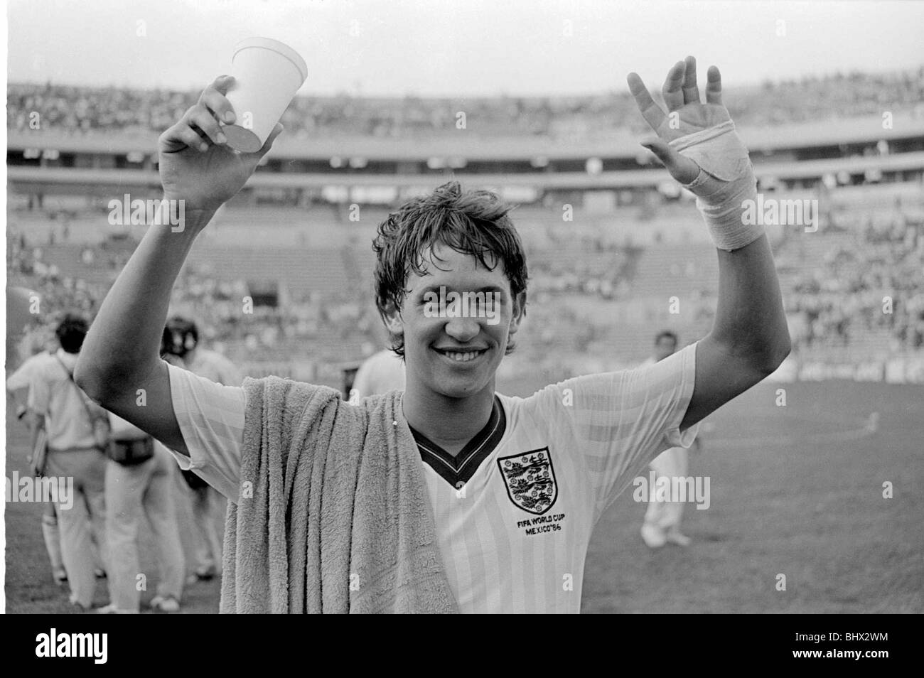 World Cup 1986 Inghilterra 3 Polonia 0 Gruppo F Gary Lineker sorrisi dopo segnando un hat-trick-Tecnol gico ,a Monterrey in Messico Foto Stock