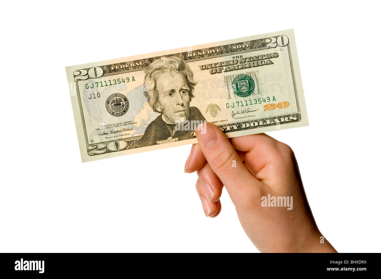 Mano azienda close up di venti dollari Foto Stock