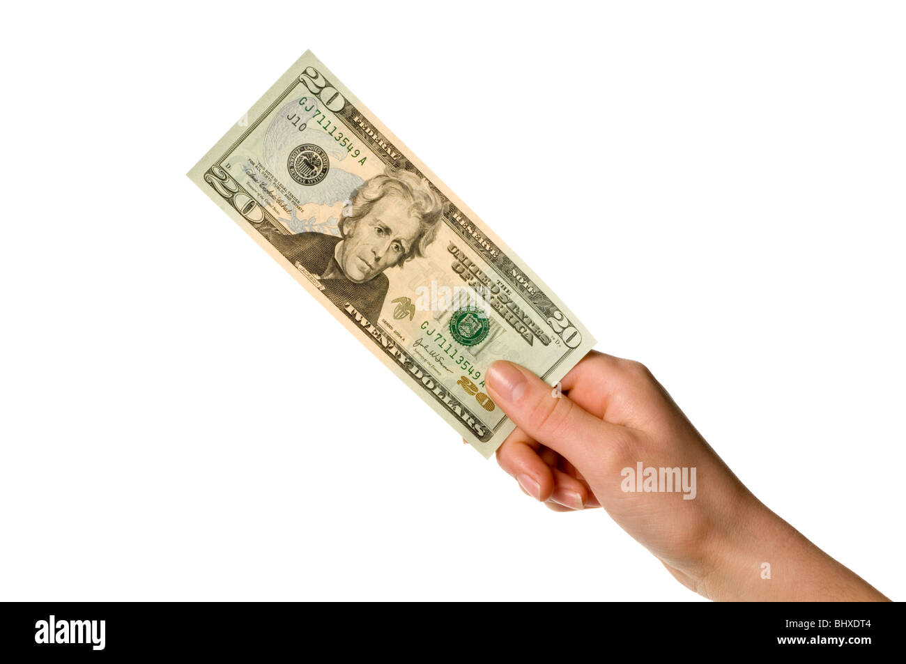 Mano che tiene venti dollari Foto Stock