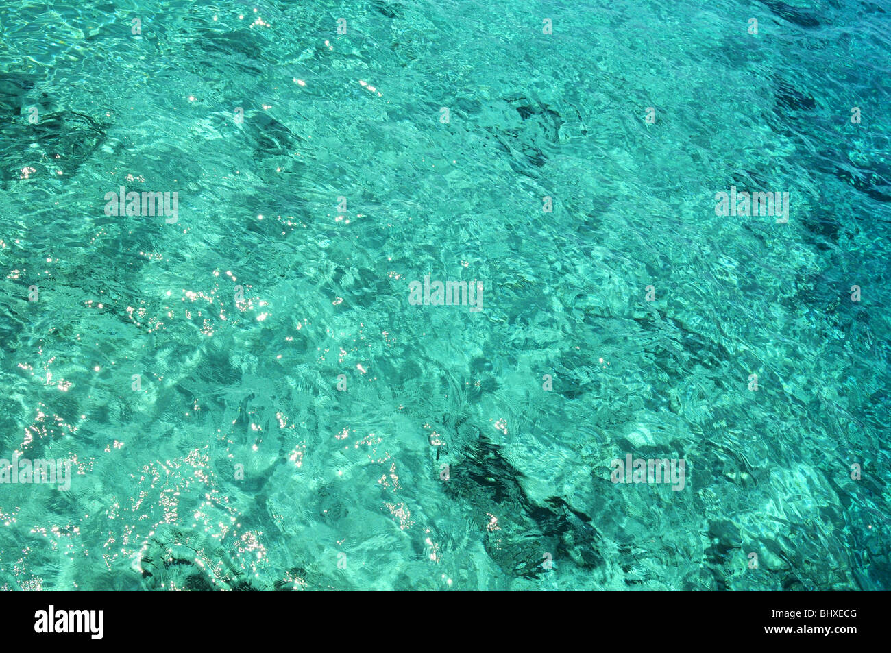 Acqua poco profonda nei Caraibi con riflessi di luce solare Foto Stock