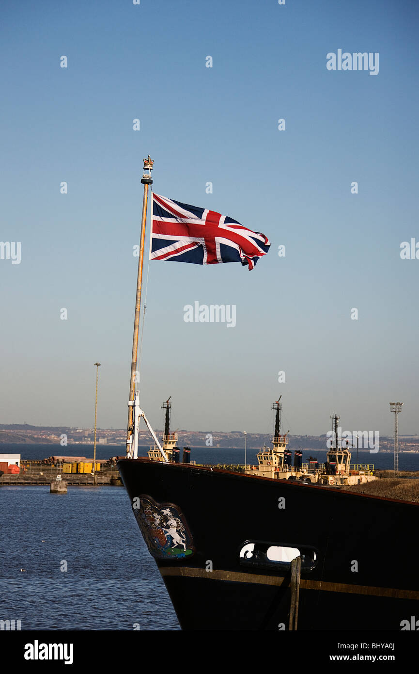 L'Unione bandiera del Royal Yacht Britannia Leith. Edimburgo. Foto Stock