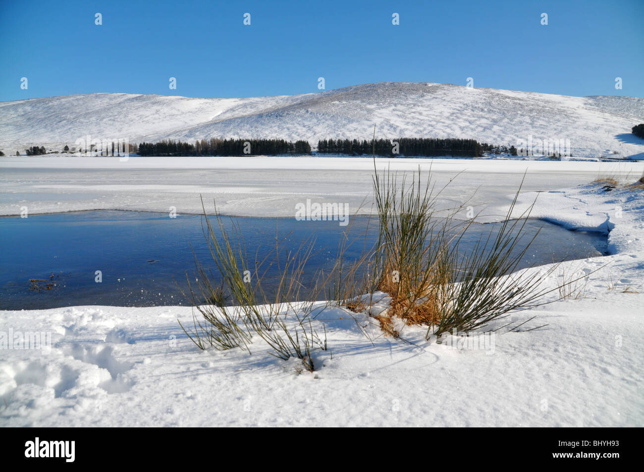 Scottish scena invernale di frozen backwaters serbatoio, Angus, Glen Isla. Foto Stock