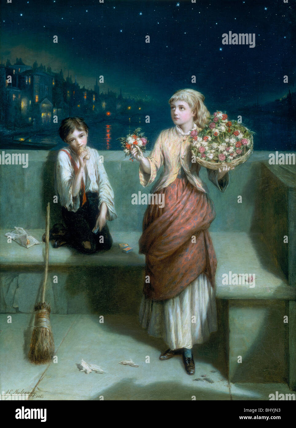 'A Londra attraversando spazzatrice e fiore ragazza", 1884. Artista: Augusto e Mulready Foto Stock