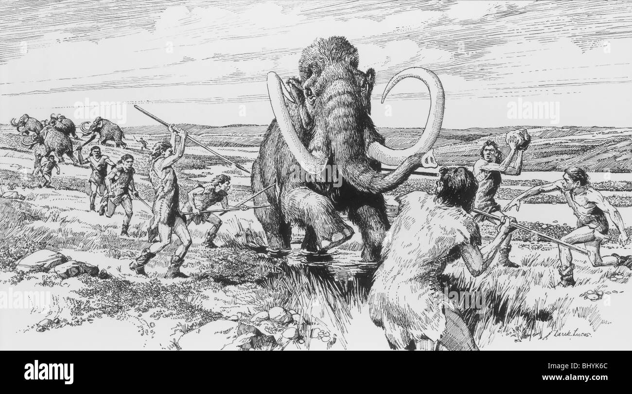 Scena di un mammut di essere ucciso. Artista: Derek Lucas Foto Stock