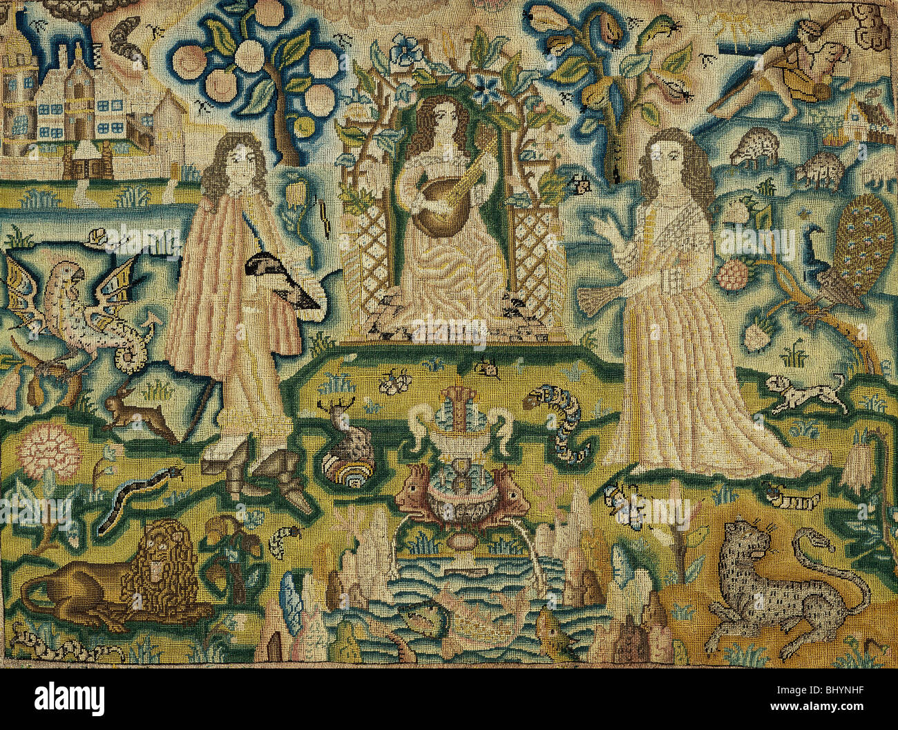 Un pannello ricamato con una donna di suonare una chitarra, xvii secolo. Artista: sconosciuto Foto Stock