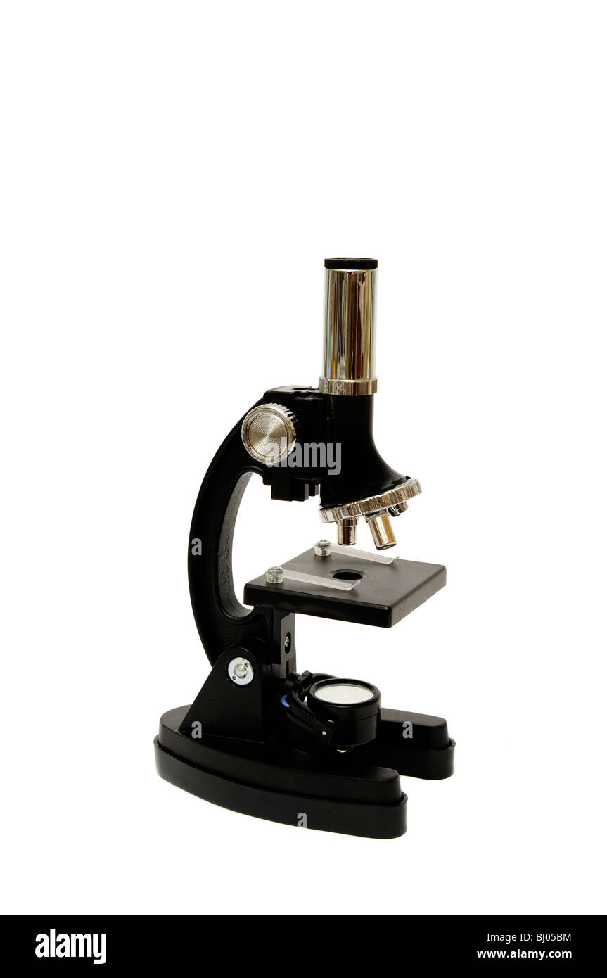 Microscopio isolato su uno sfondo bianco. Foto Stock