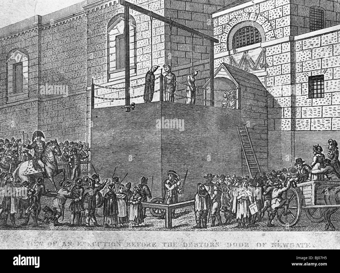 Un'esecuzione prima che il debitore ha la porta a Newgate Prison, Londra, c1809. Artista: sconosciuto Foto Stock