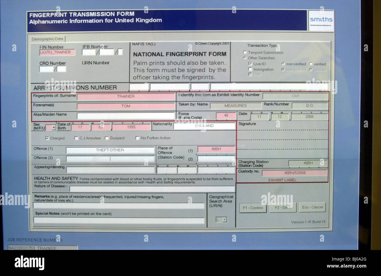 La polizia nazionale finger print forma REGNO UNITO Foto Stock