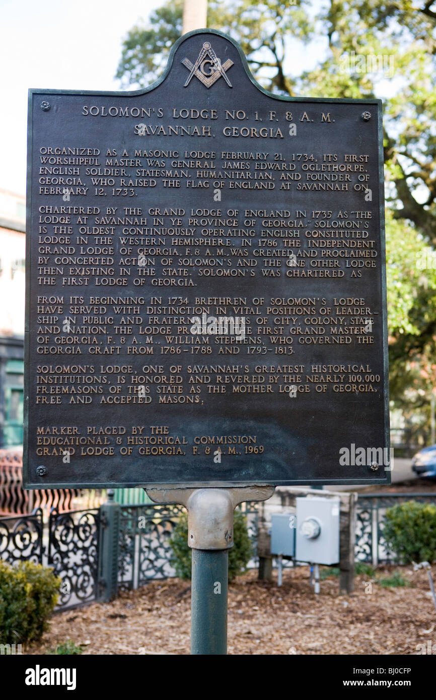 Il Solomon's Lodge n. 1, F. & A. M. Savannah, Georgia - organizzato come una loggia massonica, 21 Febbraio 1734 Foto Stock