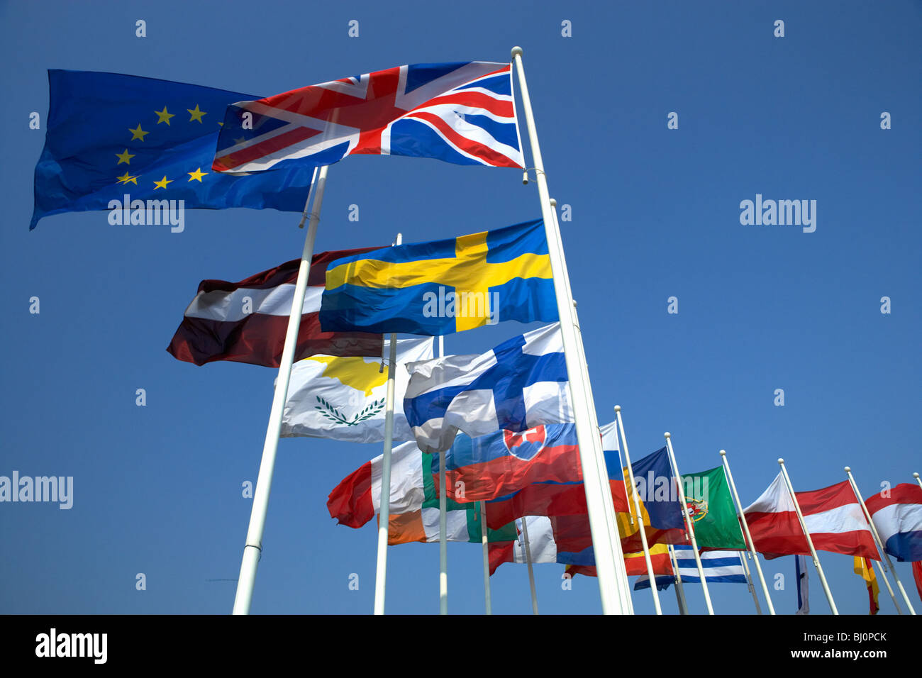 Bandiera dell'UE e Stati memeber bandiere, Strasburgo, Francia Foto Stock