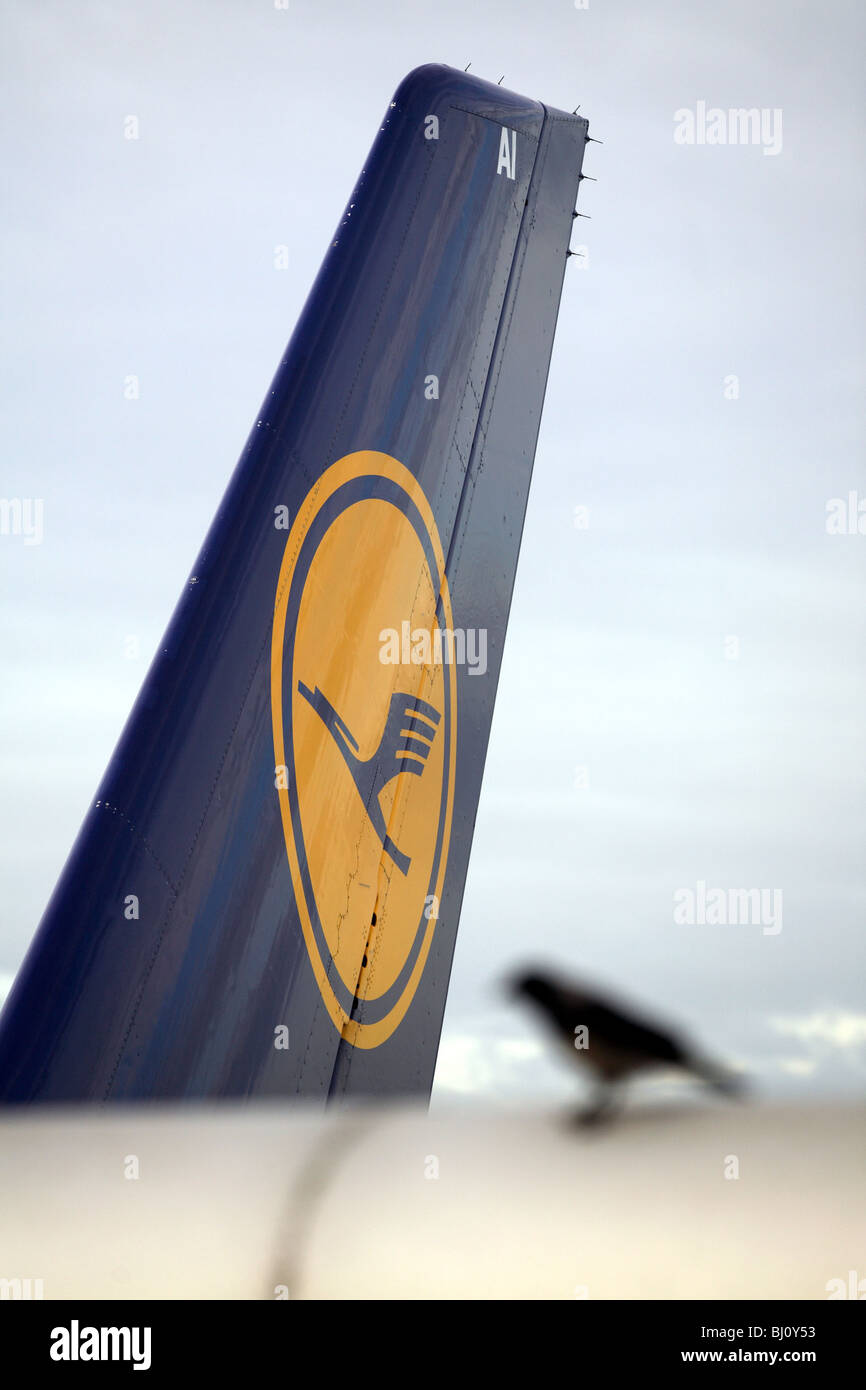 Pinna verticale di un aereo con il logo di compagnie aeree Lufthansa Foto Stock