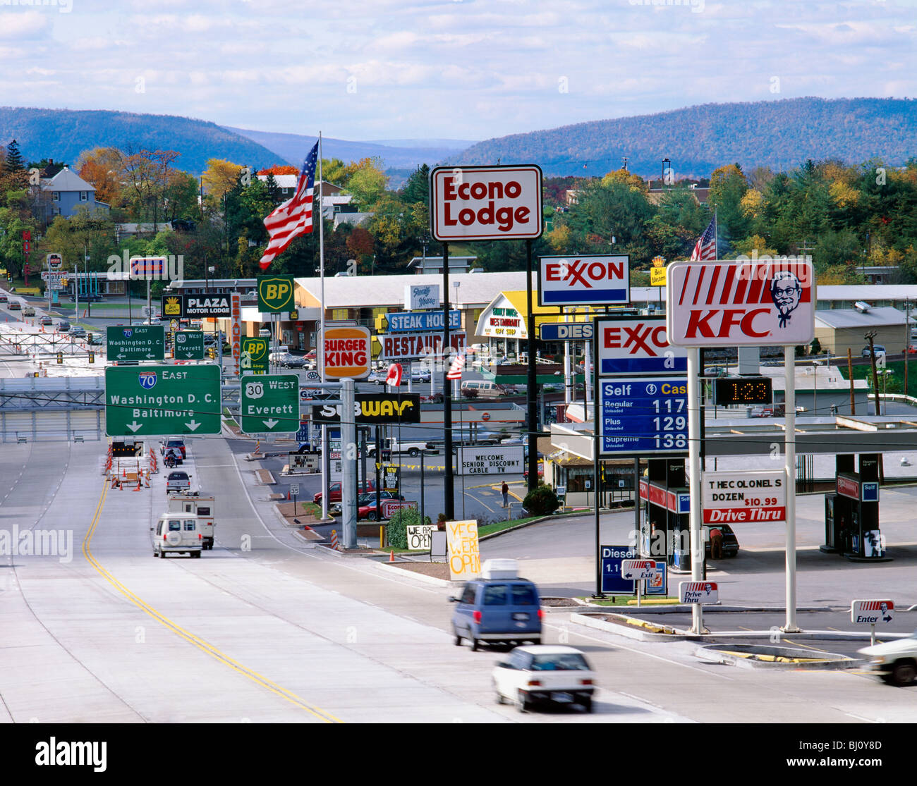 Breezewood, Pennsylvania, "Città di motel' e fast food, uscita 12 della Pennsylvania Turnpike e Interstate 70 Foto Stock