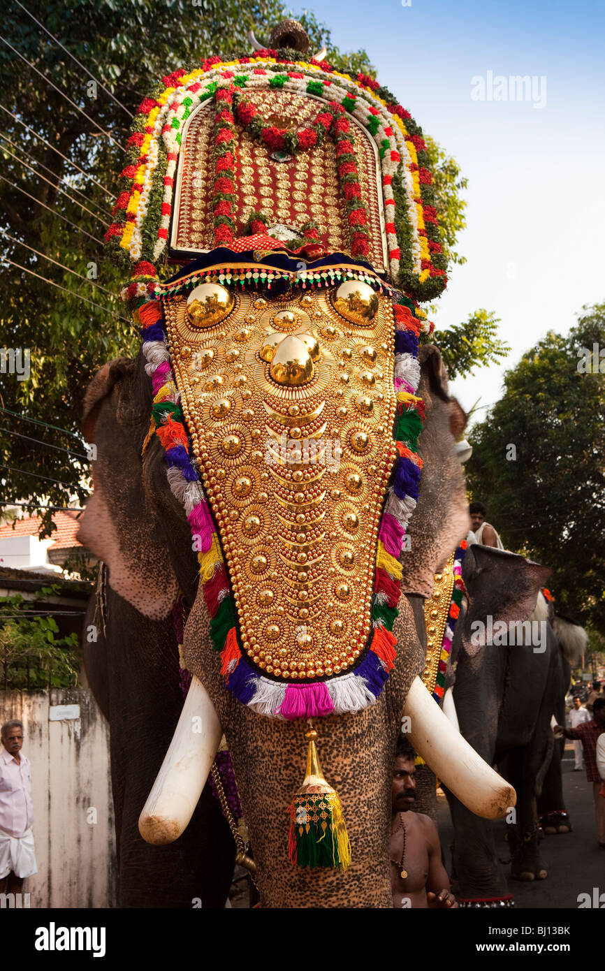 India Kerala, Kochi, Ernakulam Uthsavom festival, Parayeduppu processione di elefante testa di elefante caparisoned Foto Stock