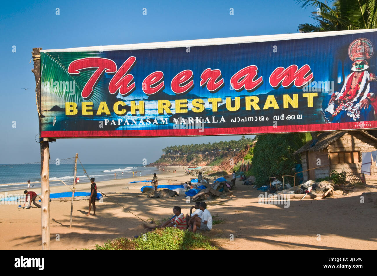 Restaurant sign Papanasam Beach Varkala Kerala India Foto Stock