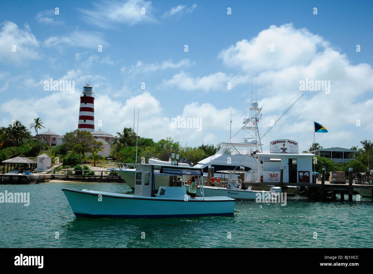 Il gomito Reef, faro di speranza comune, Abacos, Bahamas Foto Stock