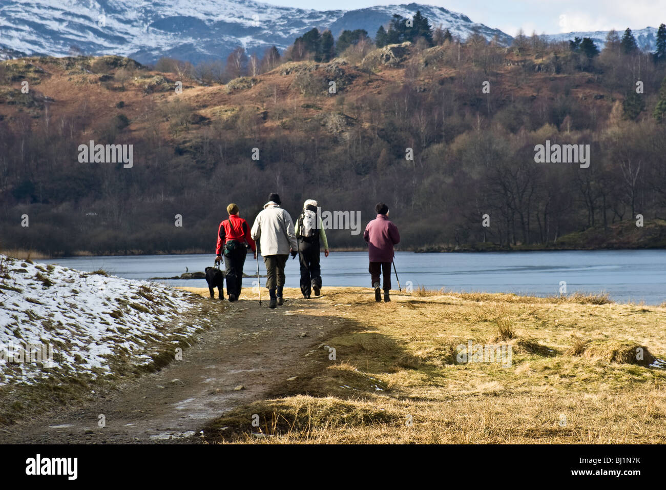 Gli scuotipaglia e il cane sul sentiero accanto a Rydal acqua, Lake District, REGNO UNITO Foto Stock