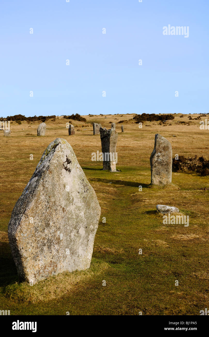 Il ' ' hurlers antiche pietre permanente a serventi a Bodmin Moor in cornwall, Regno Unito Foto Stock