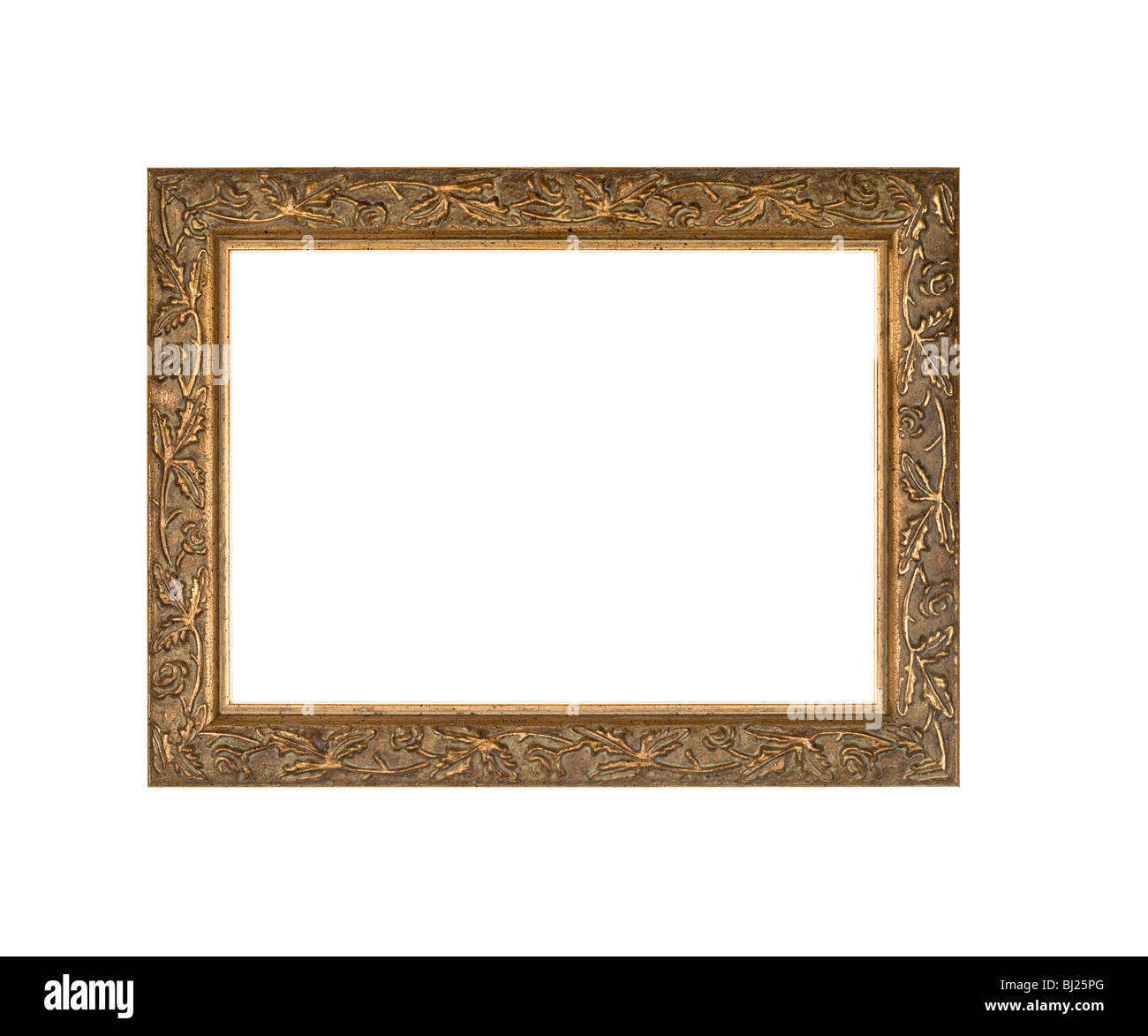 La cornice in oro con motivi floreali intricate design ornati, isolato su bianco. Foto Stock